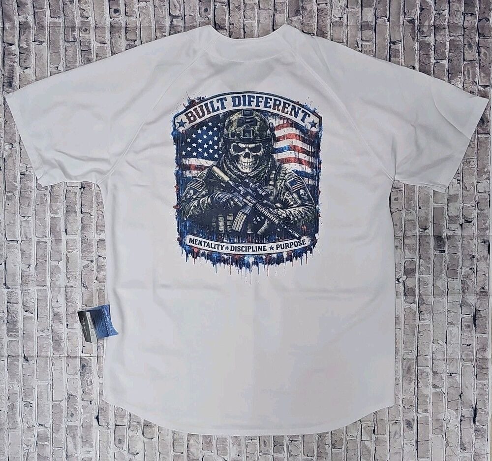 Patriotic Skull Soldier Baseball Jersey White Button Up Adult Size L (Large)